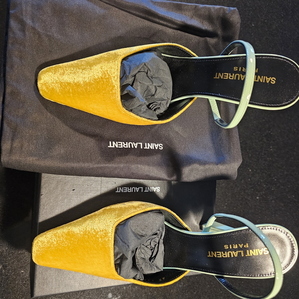 Saint Laurent Yellow Velvet Mules with Mint Straps